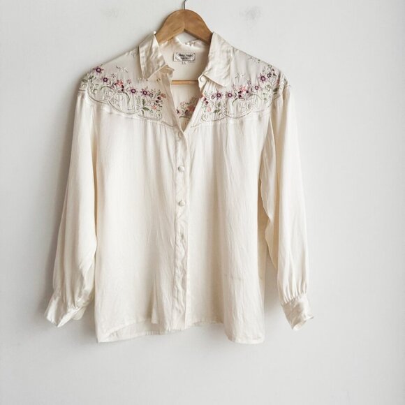 Vintage Baby Angel Silk Floral Embroidered Long Sleeve Blouse S - Picture 1 of 8